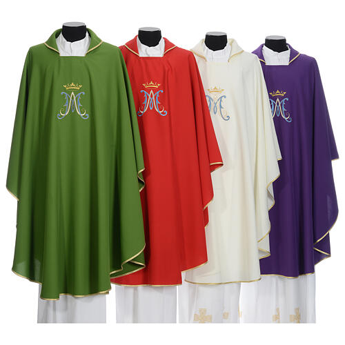 Marian Liturgical Chasuble in polyester with blue and gold embroidery 1