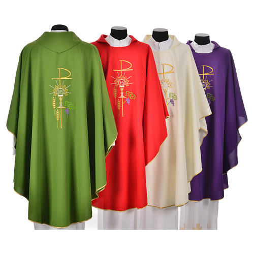 Chasuble in polyester with Chi-Rho monstrance chalice and wheat 12