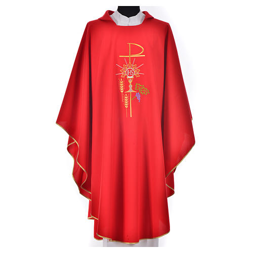Chasuble in polyester with Chi-Rho monstrance chalice and wheat 14