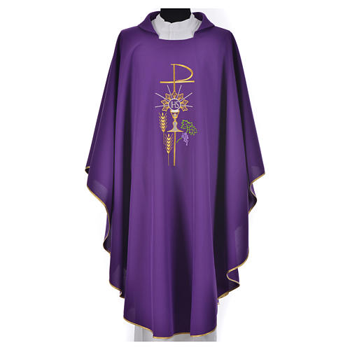 Chasuble in polyester with Chi-Rho monstrance chalice and wheat 16