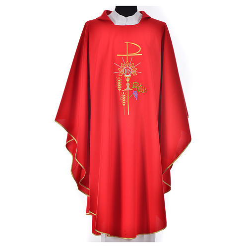 Chasuble in polyester with Chi-Rho monstrance chalice and wheat 4