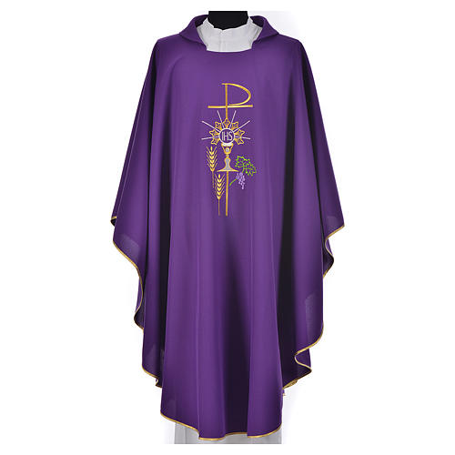 Chasuble in polyester with Chi-Rho monstrance chalice and wheat 6