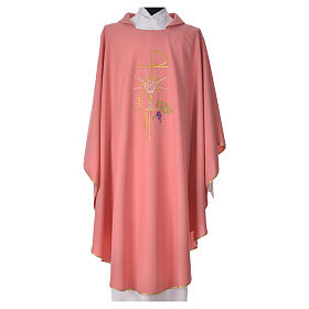 Pink Chasuble in polyester Chi-Rho monstrance chalice and wheat
