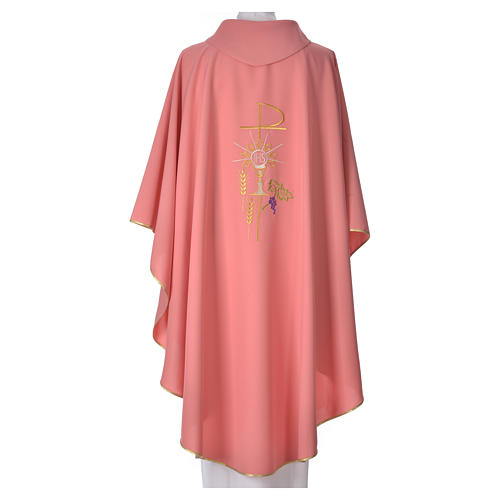 Pink Chasuble in polyester Chi-Rho monstrance chalice and wheat 2