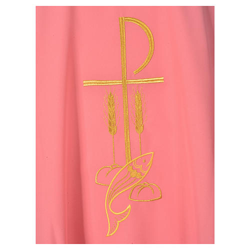 Pink Chasuble in polyester with Chi Rho and Loaves and Bread 5