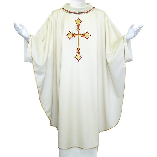 Chasuble liturgique croix rouge et or 100% laine 1