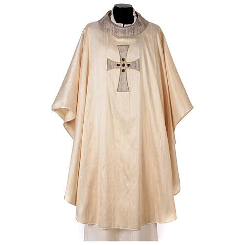 Chasuble liturgique croix appliquée et verre 100% soie 1