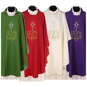 Chasuble in polyester with cross, rays, book and Alpha Omega