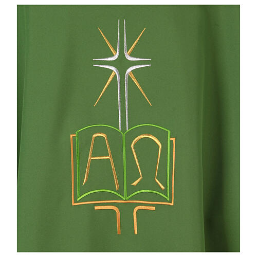 Chasuble in polyester with cross, rays, book and Alpha Omega 2