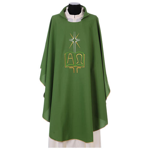 Chasuble in polyester with cross, rays, book and Alpha Omega 3