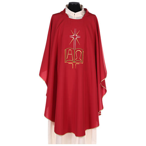 Chasuble in polyester with cross, rays, book and Alpha Omega 4