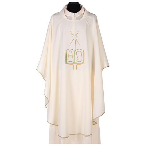 Chasuble in polyester with cross, rays, book and Alpha Omega 5