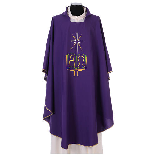 Chasuble in polyester with cross, rays, book and Alpha Omega 6