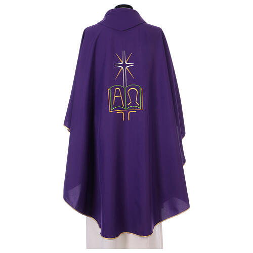 Chasuble in polyester with cross, rays, book and Alpha Omega 7