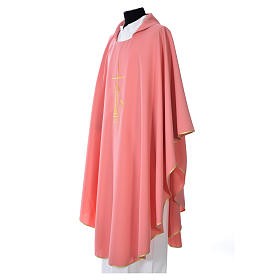 Pink Chasuble in polyester with cross, lantern and wheat symbol