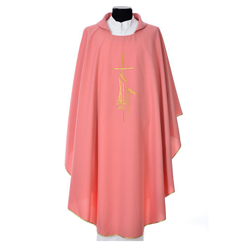 Pink Chasuble in polyester with cross, lantern and wheat symbol 1