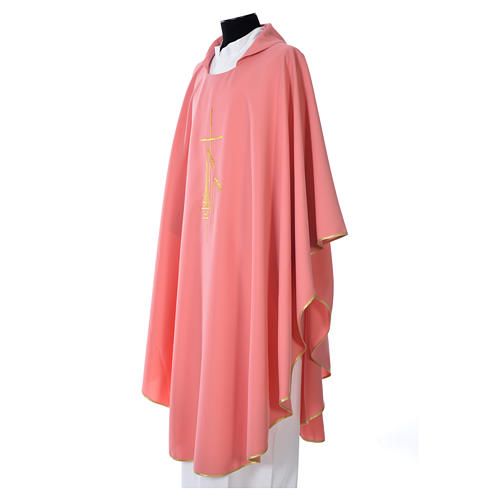 Pink Chasuble in polyester with cross, lantern and wheat symbol 2