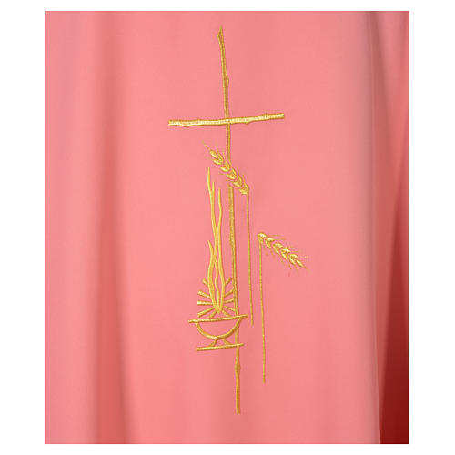 Pink Chasuble in polyester with cross, lantern and wheat symbol 4
