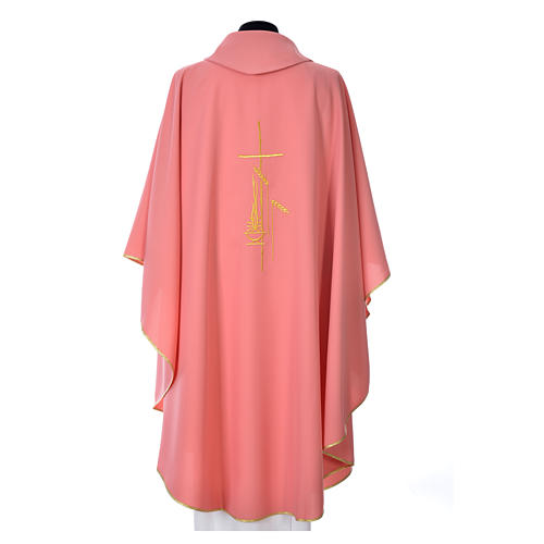Pink Monastic Chasuble with cross, lantern and wheat symbol in polyester 3