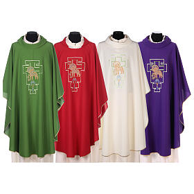 Liturgical chasuble in polyester with lamb and San Damiano cross