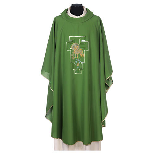 Liturgical chasuble in polyester with lamb and San Damiano cross 3