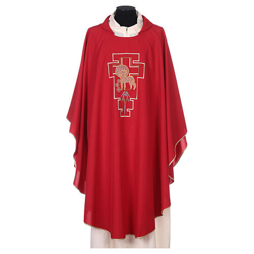 Liturgical chasuble in polyester with lamb and San Damiano cross 4