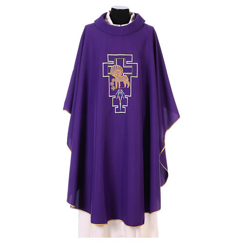 Liturgical chasuble in polyester with lamb and San Damiano cross 6