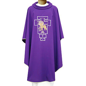 Casule: Casula 100% poliestere agnello croce San Damiano stilizzata Casule: Casula 100% poliestere agnello croce San Damiano stilizzata