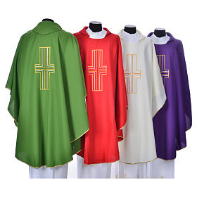 Liturgical chasuble in polyester with colored cross embroidery