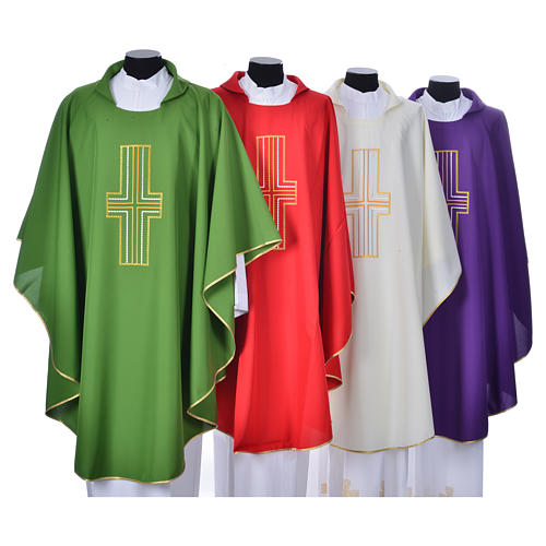 Liturgical chasuble in polyester with colored cross embroidery 1