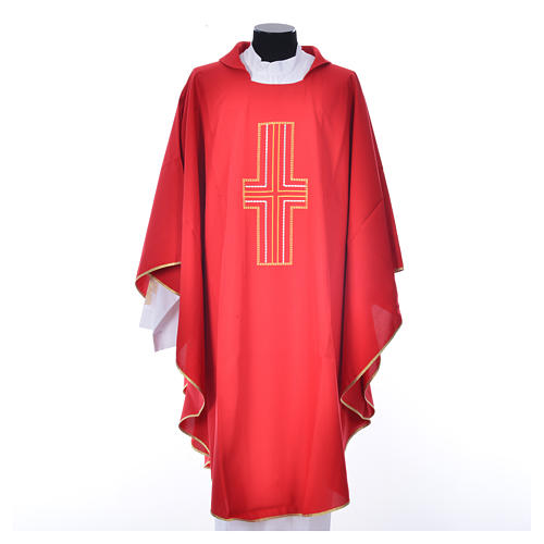 Liturgical chasuble in polyester with colored cross embroidery 5
