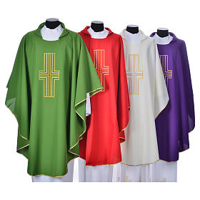 Liturgical chasuble in polyester with colored cross embroidery