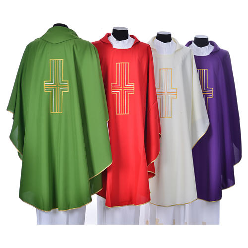 Liturgical chasuble in polyester with colored cross embroidery 2