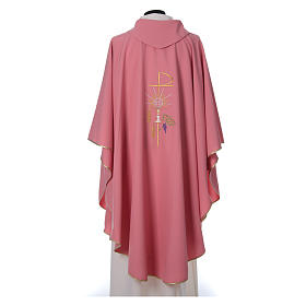 Pink Chasuble in wool and lurex with Chi-Rho, monstrance, wheat