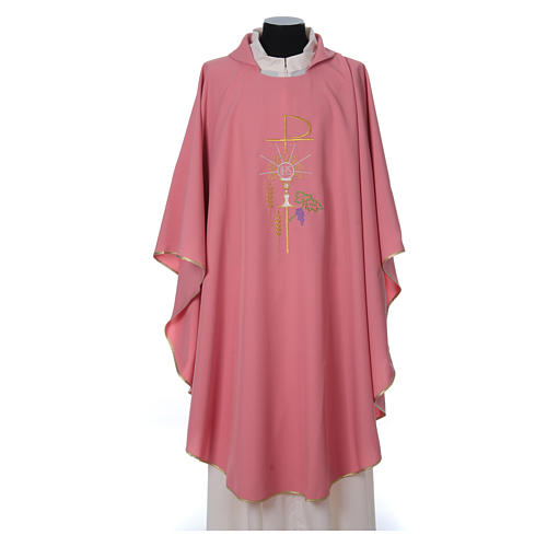 Pink Chasuble in wool and lurex with Chi-Rho, monstrance, wheat 1