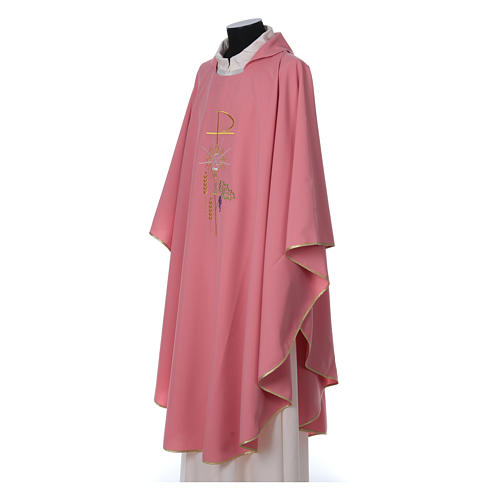 Pink Chasuble in wool and lurex with Chi-Rho, monstrance, wheat 3