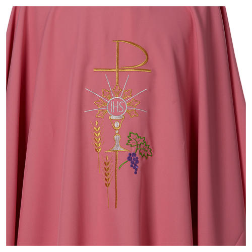 Pink Chasuble in wool and lurex with Chi-Rho, monstrance, wheat 4