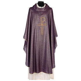 Chi-Rho Chasuble in 90% shiny pure new wool and 10% lurex.