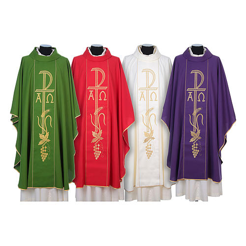 Chasuble in 80% polyester 20% wool, Chi-Rho, Alpha Omega embroid 1