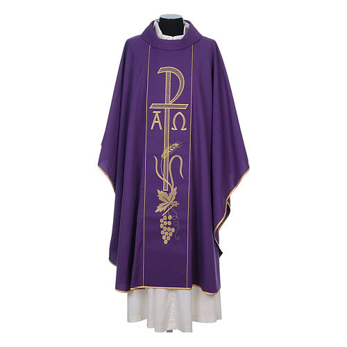 Chasuble in 80% polyester 20% wool, Chi-Rho, Alpha Omega embroid 6