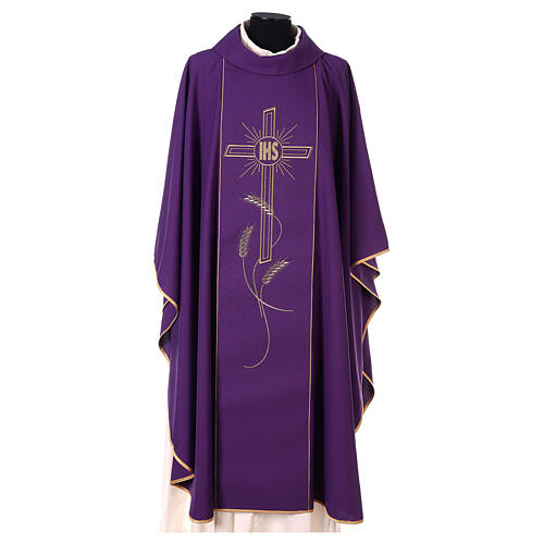 Chasuble in 80% polyester 20% wool, cross, rays and IHS embroide 6
