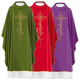 Chasubles: Chasuble 80% polyester 20% laine décor croix rayons IHS