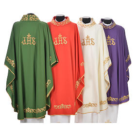 Clerical Chasuble in 20% wool 80% polyester, IHS, embroidery on relief
