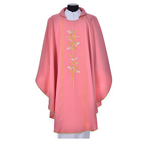 Pink chasuble in 100% polyester, cross, lily