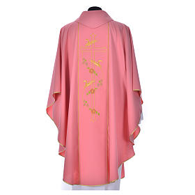 Pink chasuble in 100% polyester, cross, ears of wheat