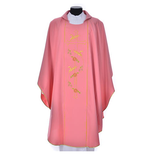 Pink chasuble in 100% polyester, cross, ears of wheat 1