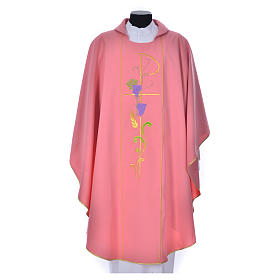 Pink chasuble in 100% polyester, Chi-Rho ears of wheat, grapes