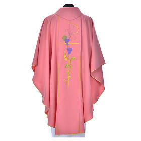 Pink chasuble in 100% polyester, Chi-Rho ears of wheat, grapes