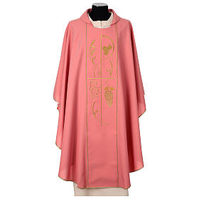 Pink chasuble in 100% polyester, Chi-Rho ears of wheat, grapes