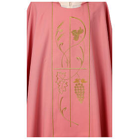 Pink chasuble in 100% polyester, Chi-Rho ears of wheat, grapes